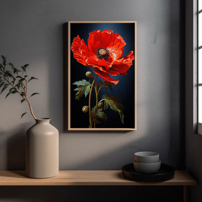 Red poppy on navy canvas wall art, large, vibrant red flower with a dark background, hanging on a wall above a wooden shelf.