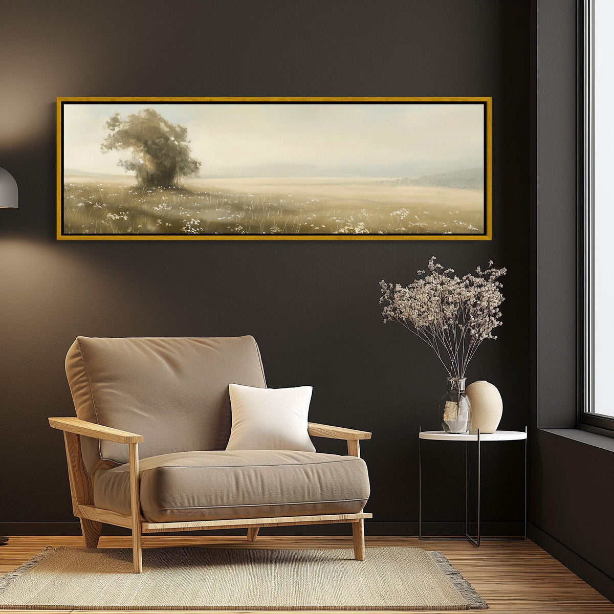 Lone tree vintage meadow canvas wall art, living room with a chair and a painting on the wall