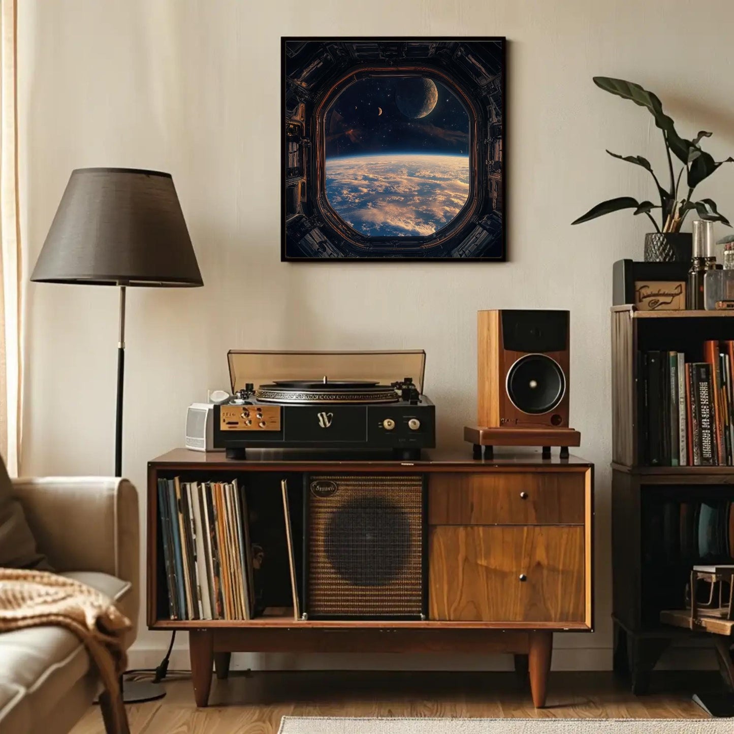 Space Station , Sci-Fi Window View canvas wall art shown in a living room
