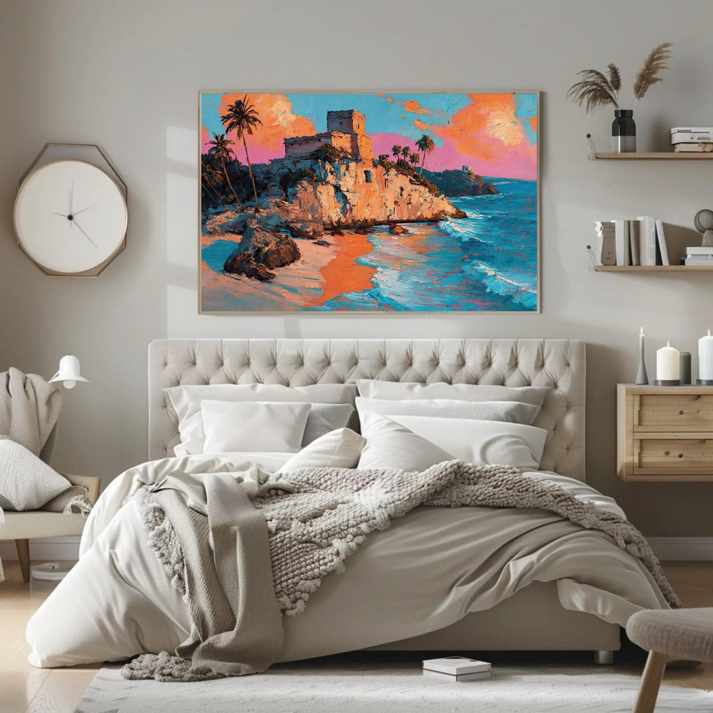 Tulum Ruins Oil Painting canvas wall art shown above a bed