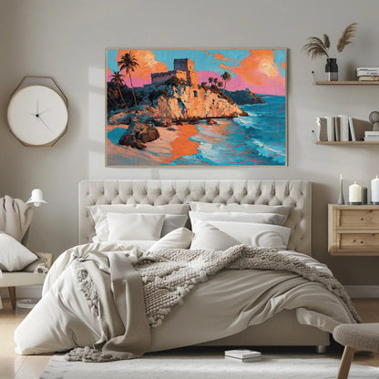 Tulum Ruins Oil Painting canvas wall art shown above a bed