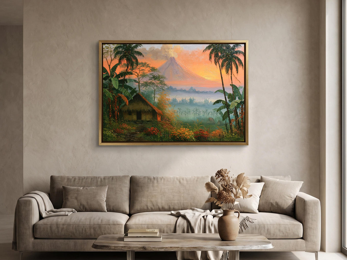 a large painting of a tropical landscape hanging on a wall above a beige sofa in a living room.