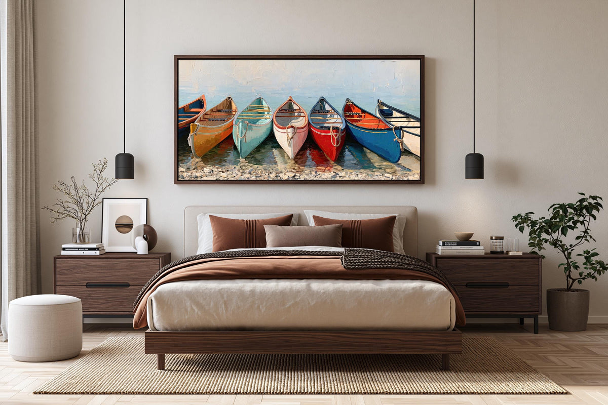 a bedroom with a large bed, wooden furniture, and a framed painting of colorful canoes on the wall above it.