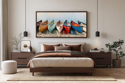 a bedroom with a large bed, wooden furniture, and a framed painting of colorful canoes on the wall above it.