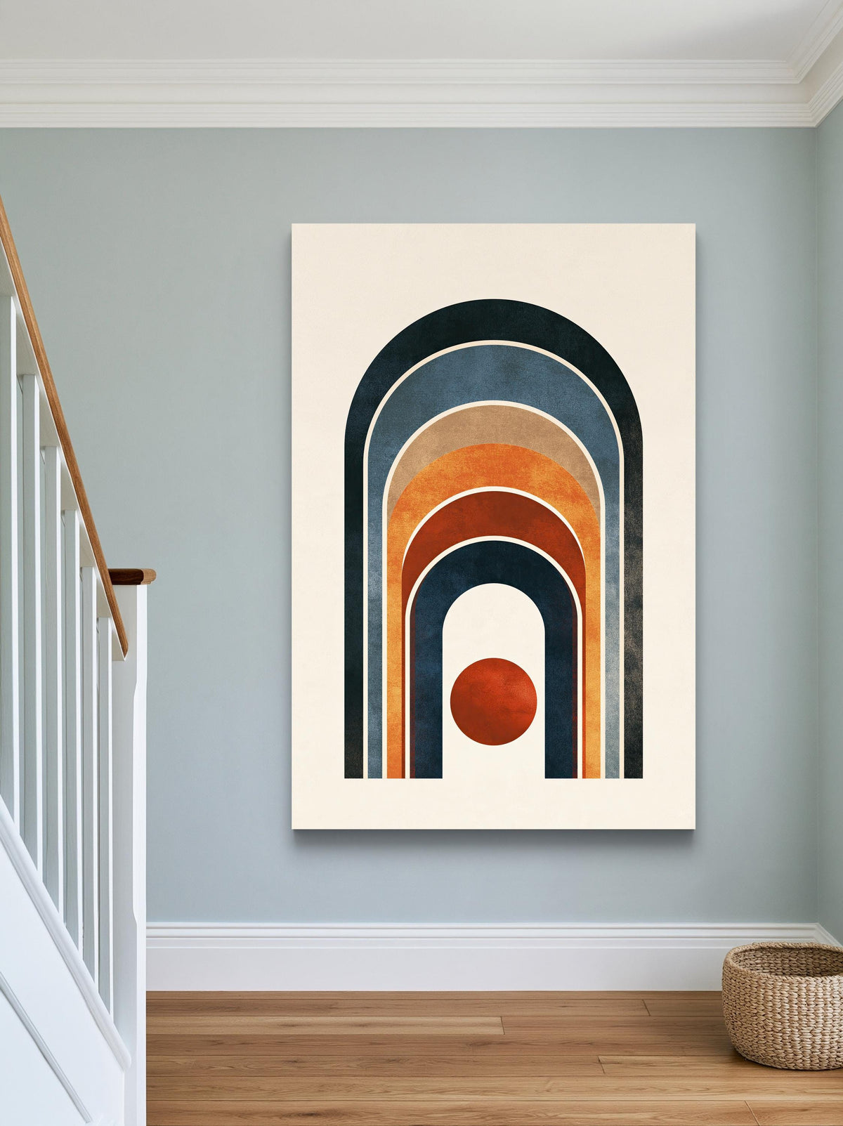 Boho rainbow arch and sun canvas wall art, large abstract painting hanging on a wall in a room with a wooden floor