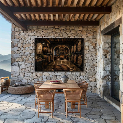 a rustic, stone-walled dining area with a wooden table and chairs, and a large framed painting of a wine cellar above the table.