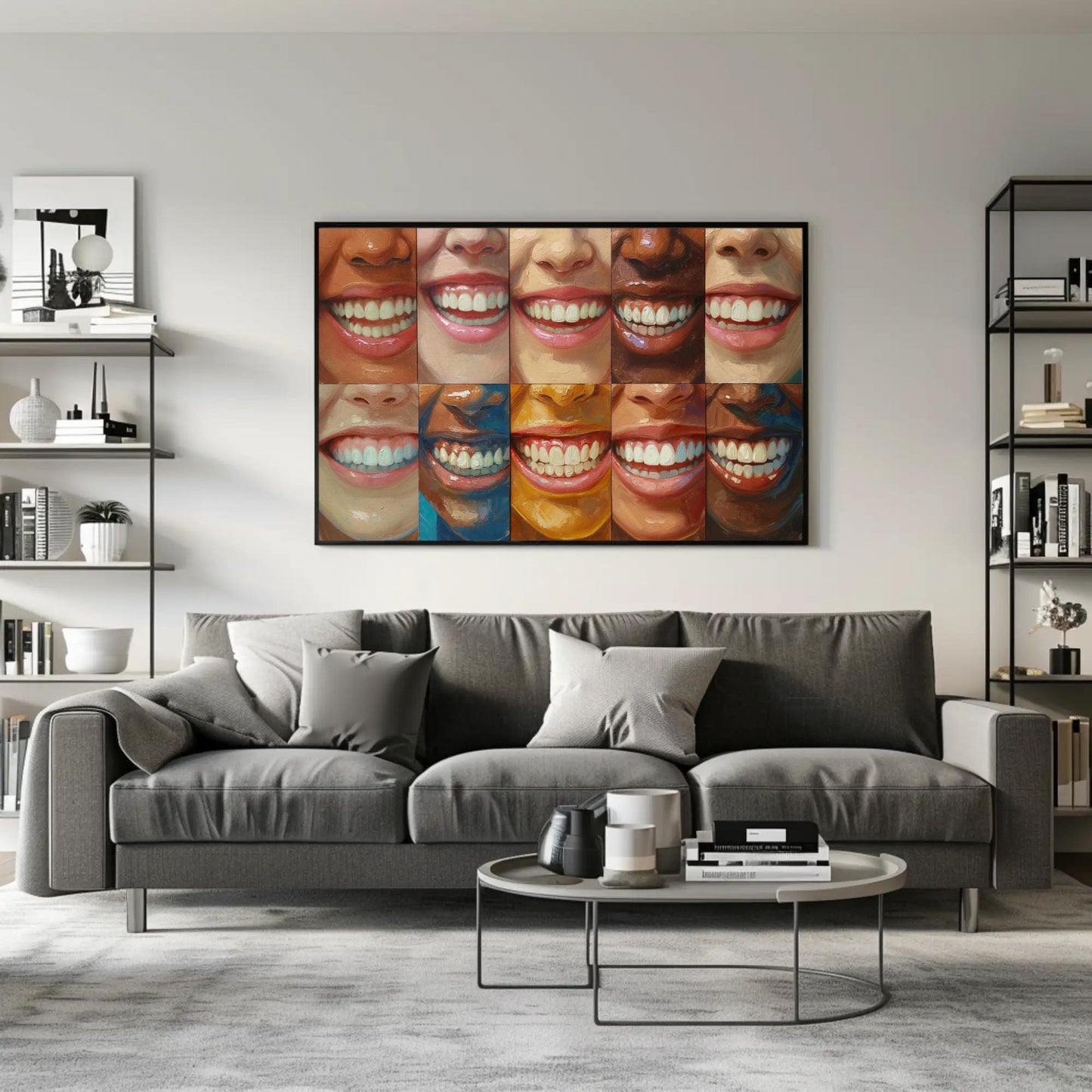Diverse Smiling Faces , Dental Office canvas wall art shown in a living room