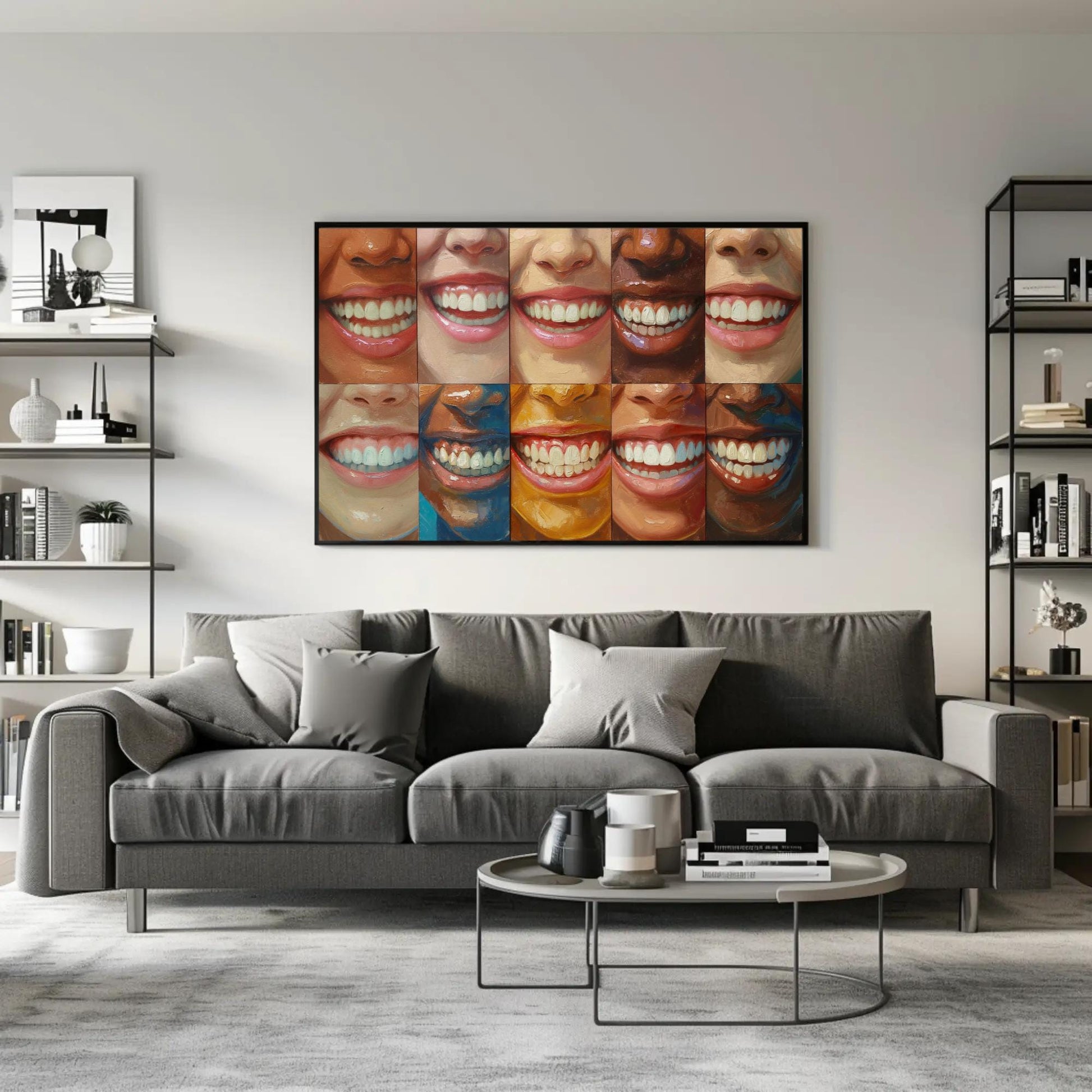 Diverse Smiling Faces , Dental Office canvas wall art shown in a living room