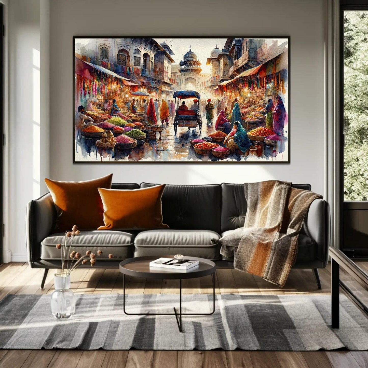 Indian Bazaar , Vibrant Spice Market canvas wall art shown in a living room