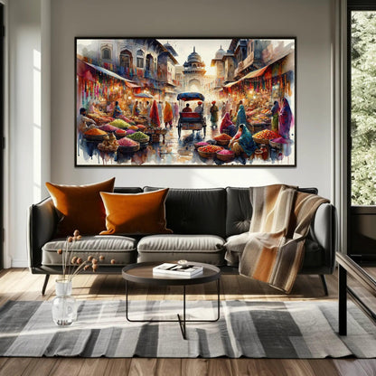 Indian Bazaar , Vibrant Spice Market canvas wall art shown in a living room