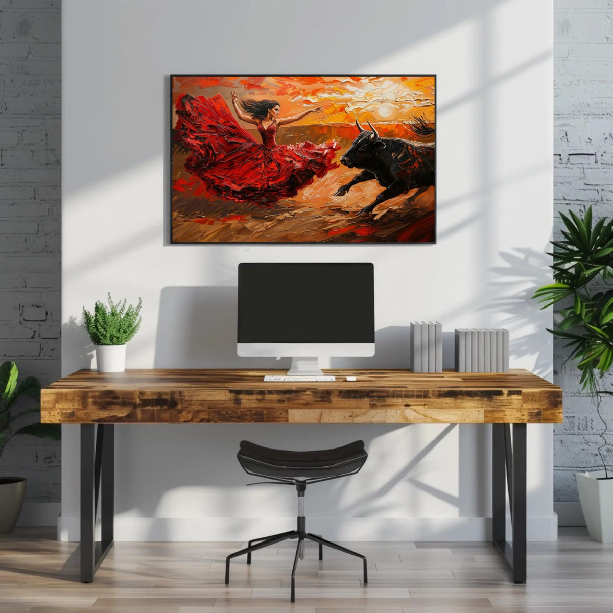 Flamenco dancer and bull canvas wall art in a room setting