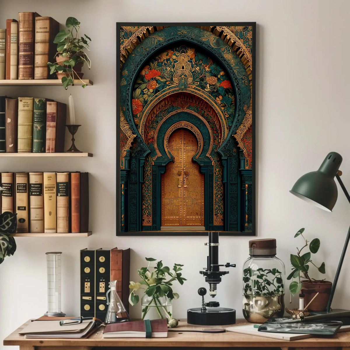 Moroccan palace archway canvas wall art, room with a desk, books and a painting on the wall