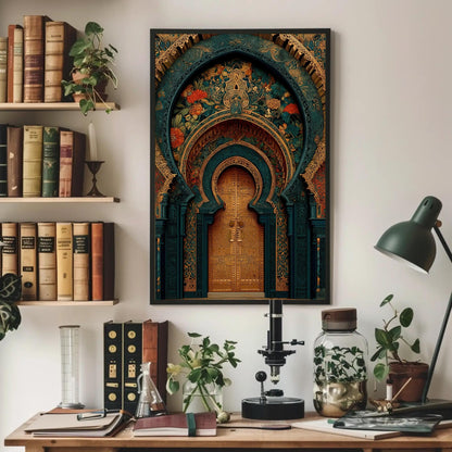 Moroccan palace archway canvas wall art, room with a desk, books and a painting on the wall