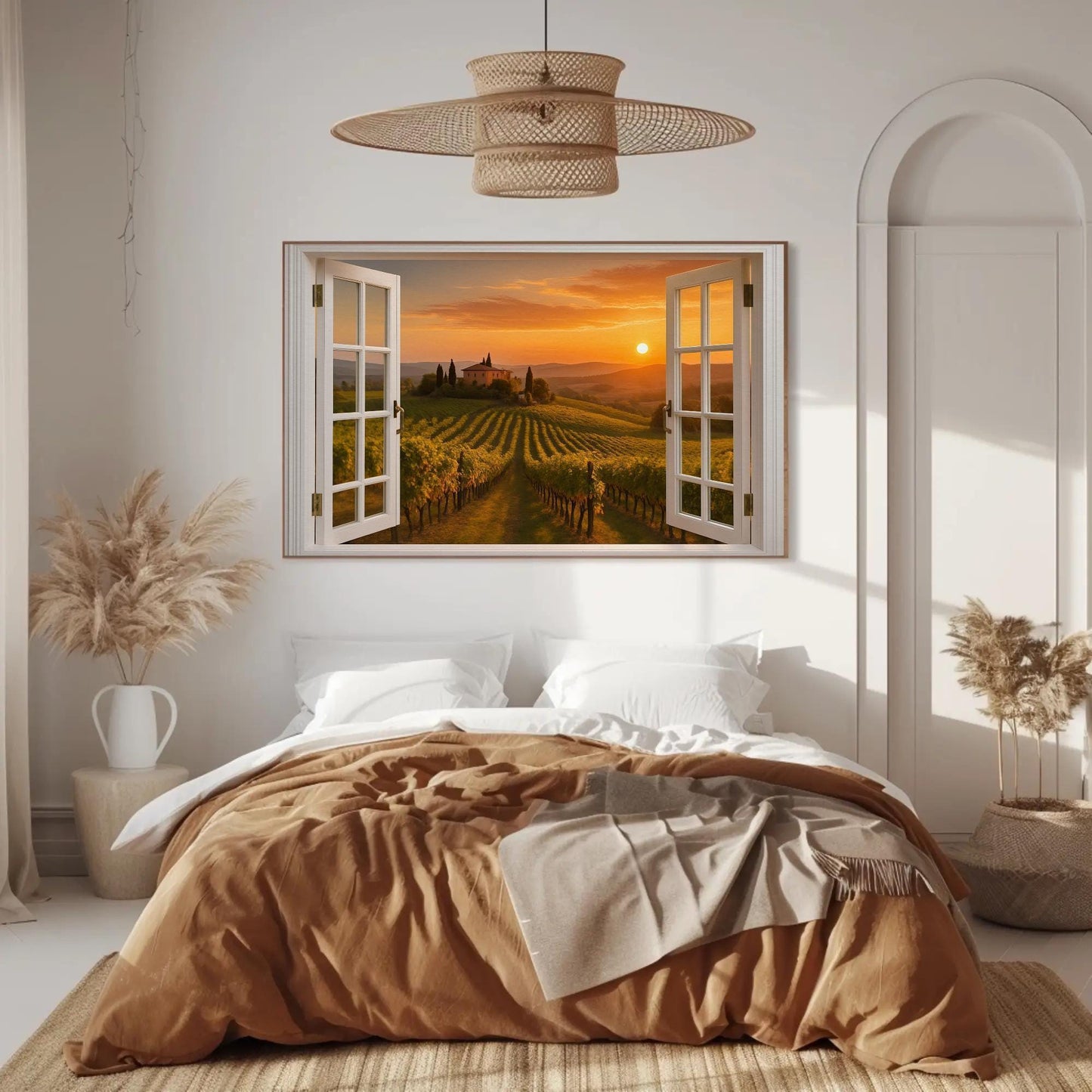 a bedroom with an open window overlooking a vineyard