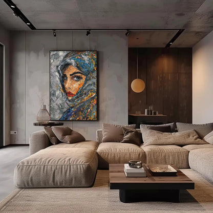 Muslim Woman canvas wall art shown in a living room