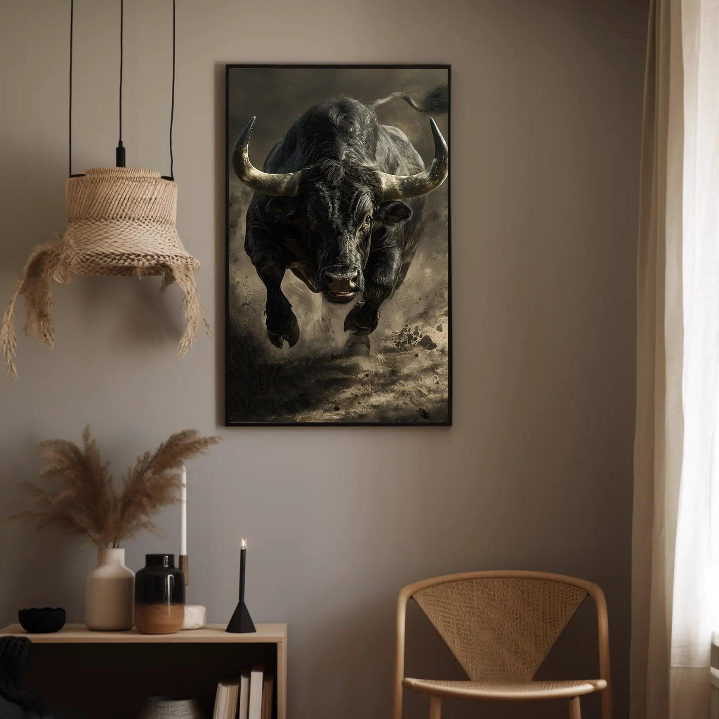 Black Bull Canvas Art – Framed Running Bull Painting | Animal Wall Decor - Antarmada