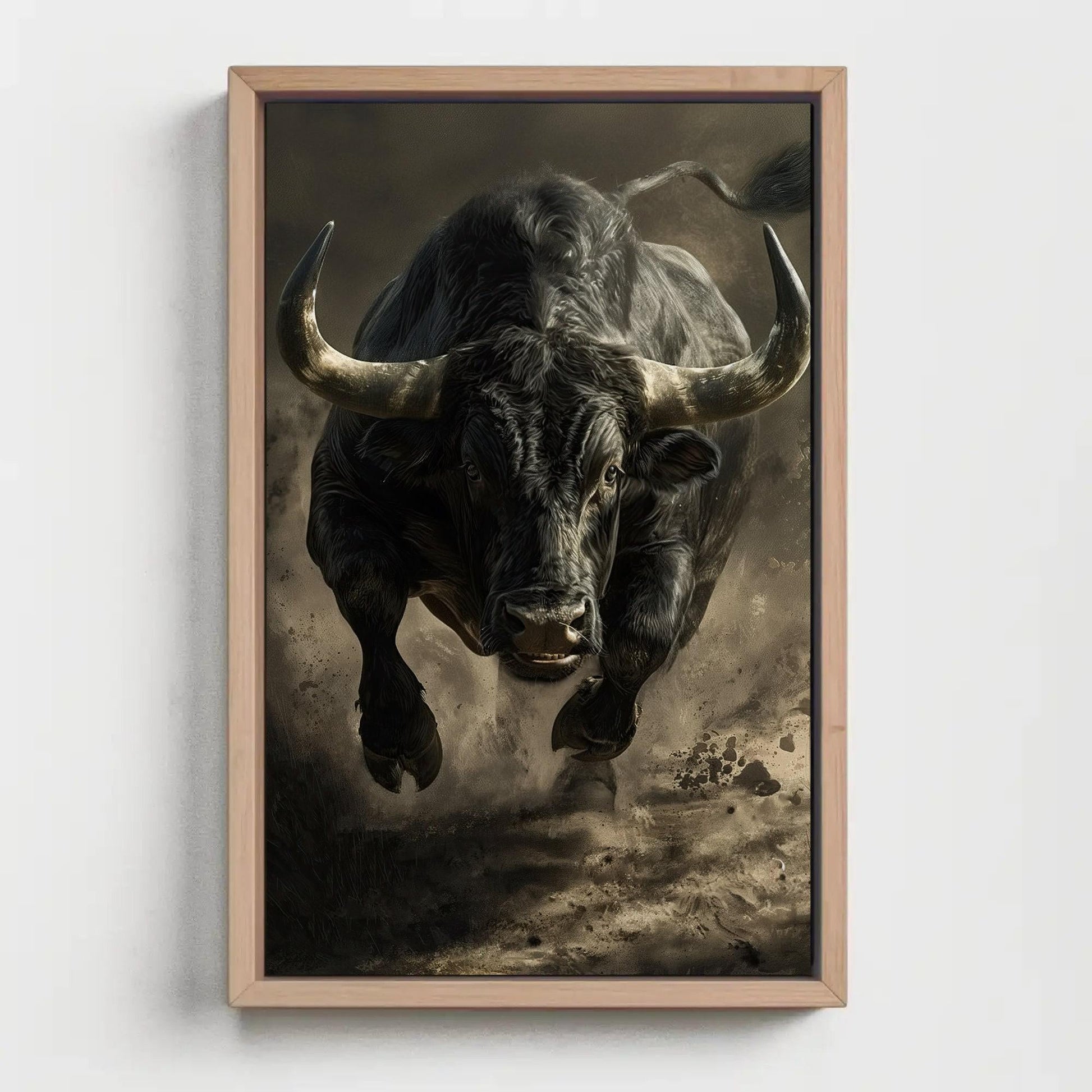 Black Bull Canvas Art – Framed Running Bull Painting | Animal Wall Decor - Antarmada