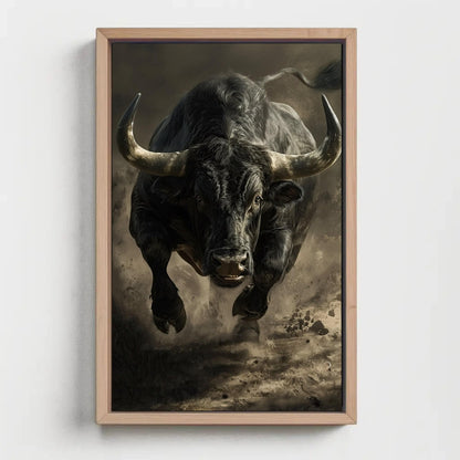 Black Bull Canvas Art – Framed Running Bull Painting | Animal Wall Decor - Antarmada