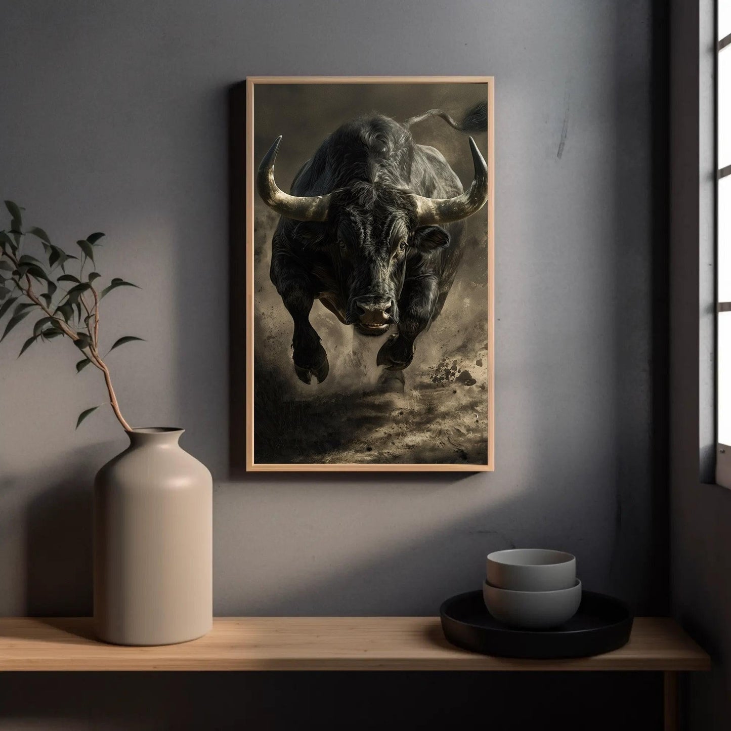 Black Bull Canvas Art – Framed Running Bull Painting | Animal Wall Decor - Antarmada