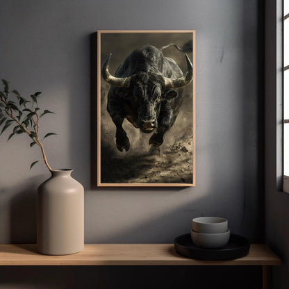 Black Bull Canvas Art – Framed Running Bull Painting | Animal Wall Decor - Antarmada
