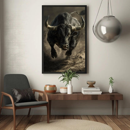 Black Bull Canvas Art – Framed Running Bull Painting | Animal Wall Decor - Antarmada