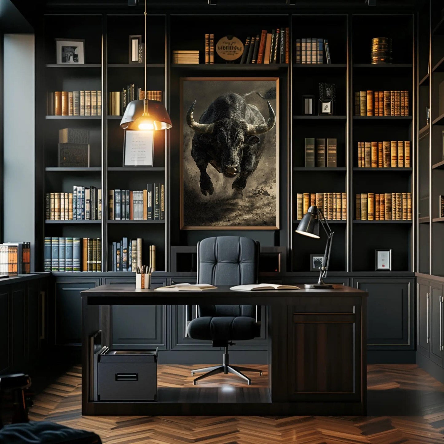 Black Bull Canvas Art – Framed Running Bull Painting | Animal Wall Decor - Antarmada