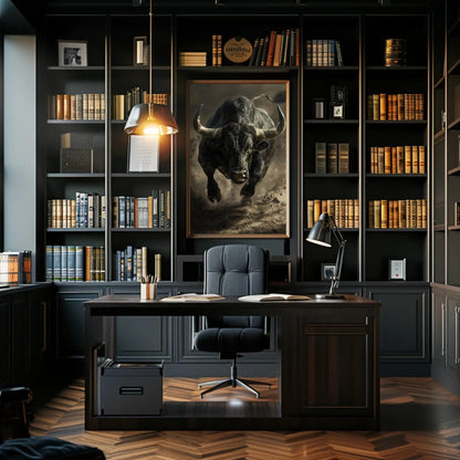 Black Bull Canvas Art – Framed Running Bull Painting | Animal Wall Decor - Antarmada
