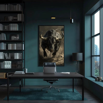 Black Bull Canvas Art – Framed Running Bull Painting | Animal Wall Decor - Antarmada