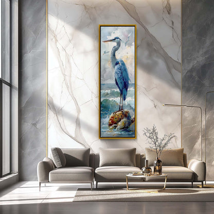 Blue Heron Canvas Print – Tall Narrow Watercolor Bird Wall Art on Sea Shore - Antarmada