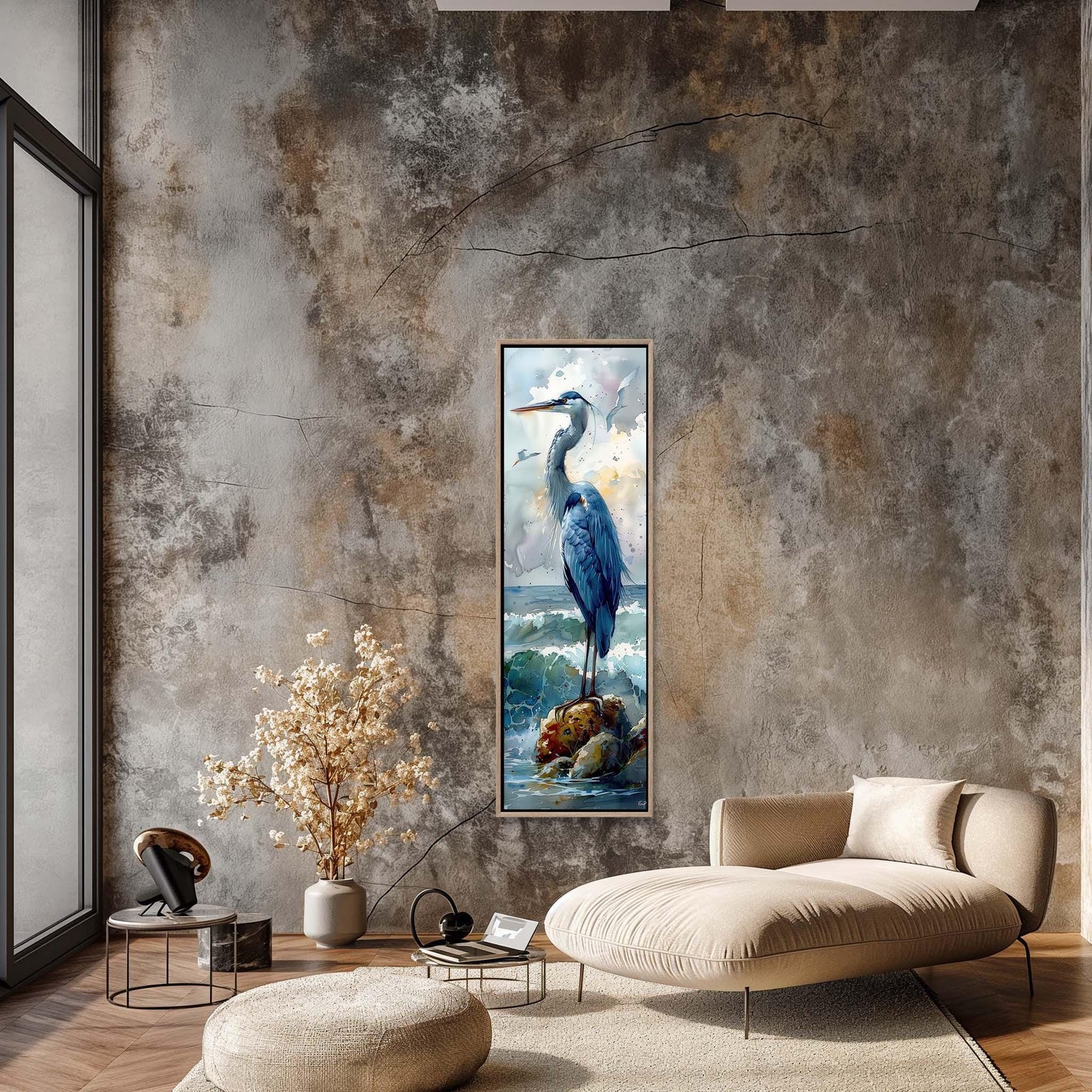 Blue Heron Canvas Print – Tall Narrow Watercolor Bird Wall Art on Sea Shore - Antarmada