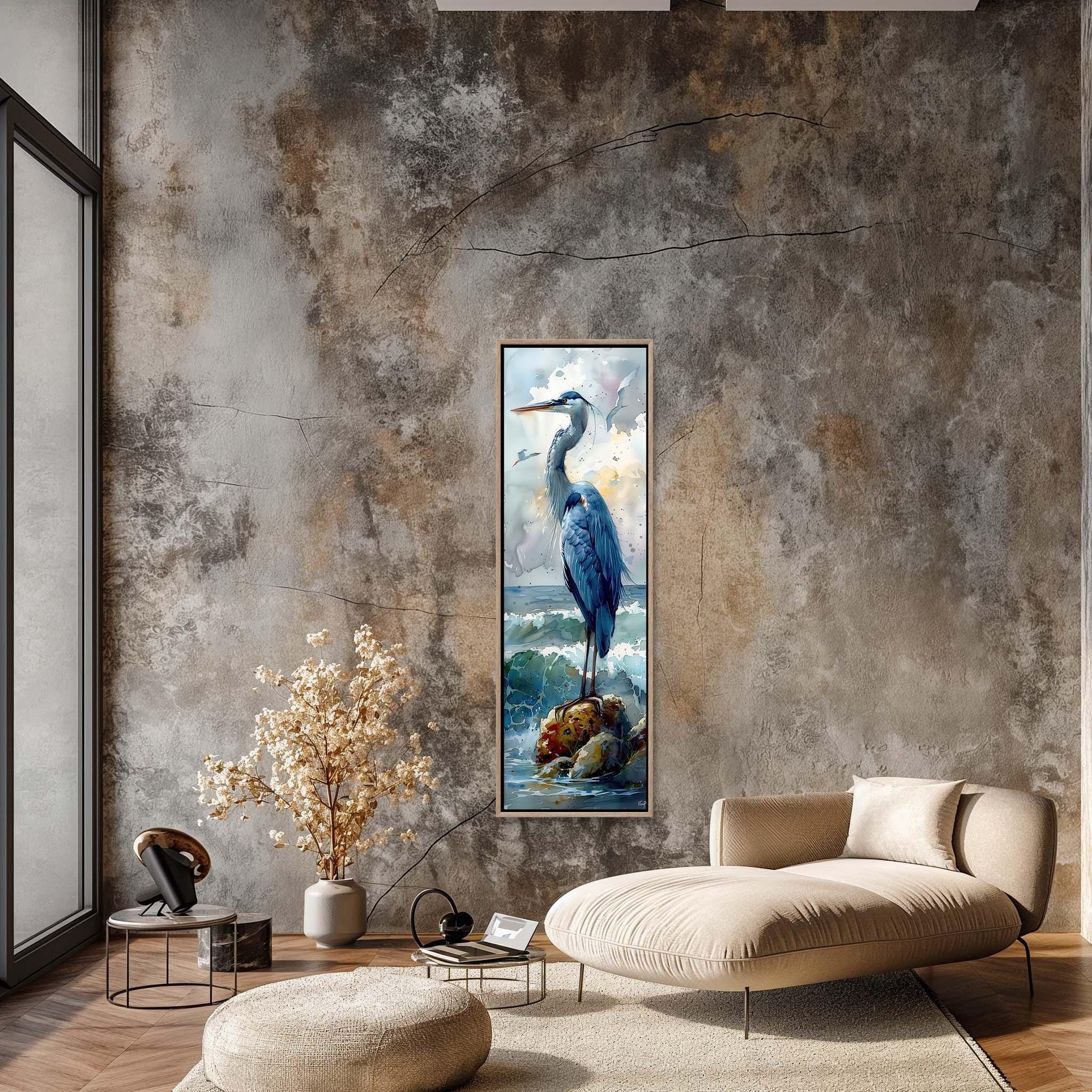 Blue Heron Canvas Print – Tall Narrow Watercolor Bird Wall Art on Sea Shore - Antarmada