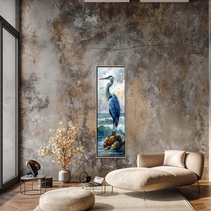 Blue Heron Canvas Print – Tall Narrow Watercolor Bird Wall Art on Sea Shore - Antarmada