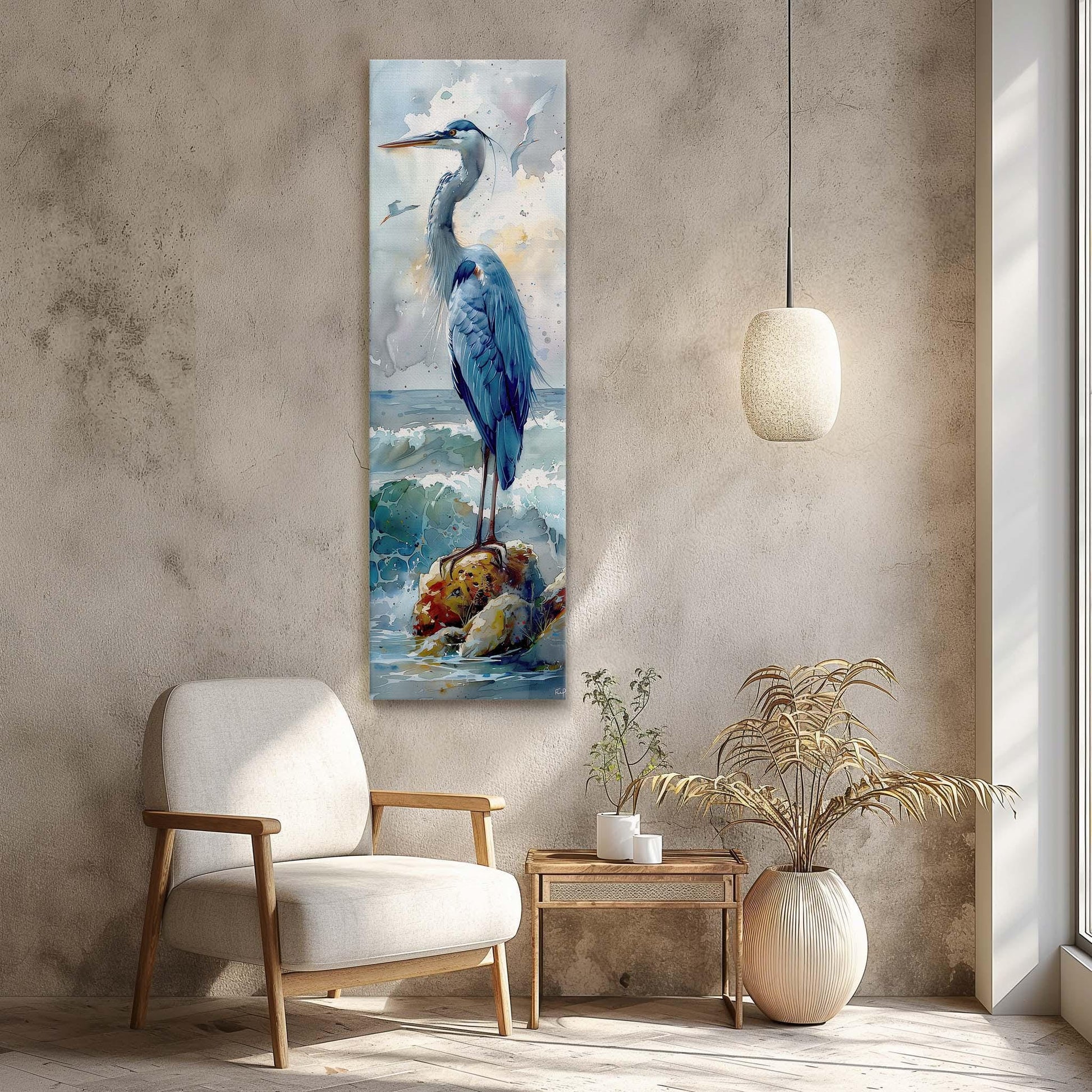 Blue Heron Canvas Print – Tall Narrow Watercolor Bird Wall Art on Sea Shore - Antarmada