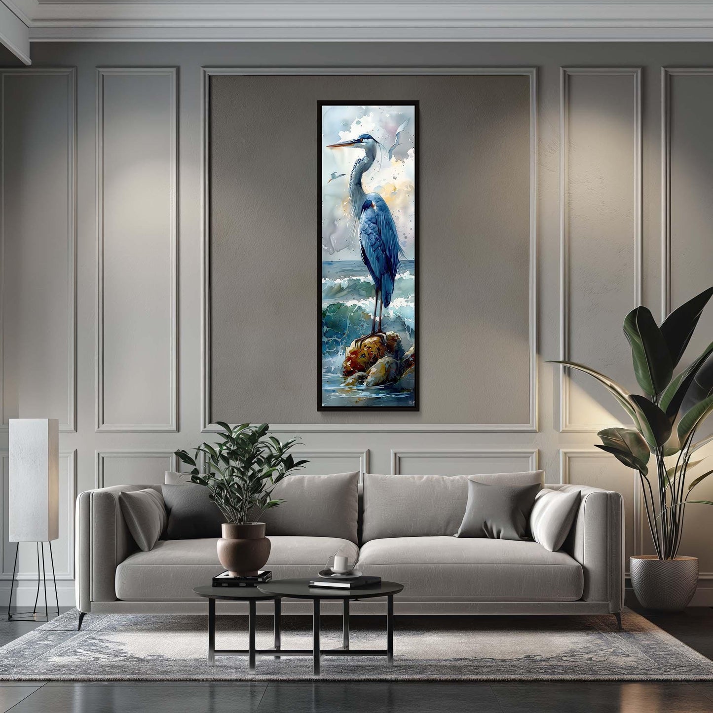 Blue Heron Canvas Print – Tall Narrow Watercolor Bird Wall Art on Sea Shore - Antarmada