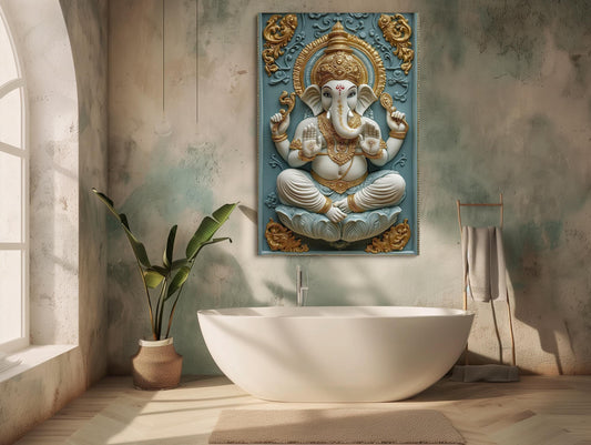 a painting of an elephant sitting on a wall above a bathtub