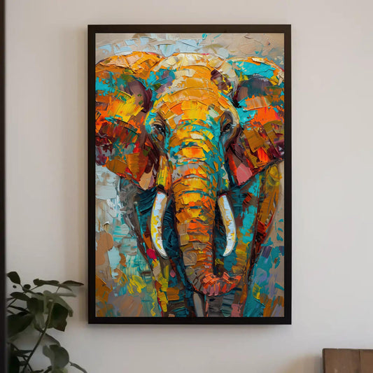 The image is a vibrant, colorful painting of an elephant's face, featuring bold brushstrokes and a lively palette of orange, yellow, and blue.