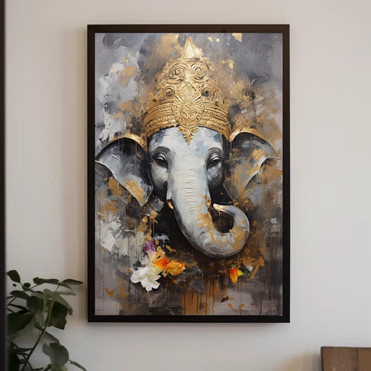 Ganesha Gold Canvas Print, Hindu God Pooja Room Wall Art