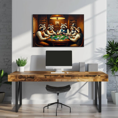 Raccoons Playing Poker canvas wall art, gallery-wrapped or framed (view 2)