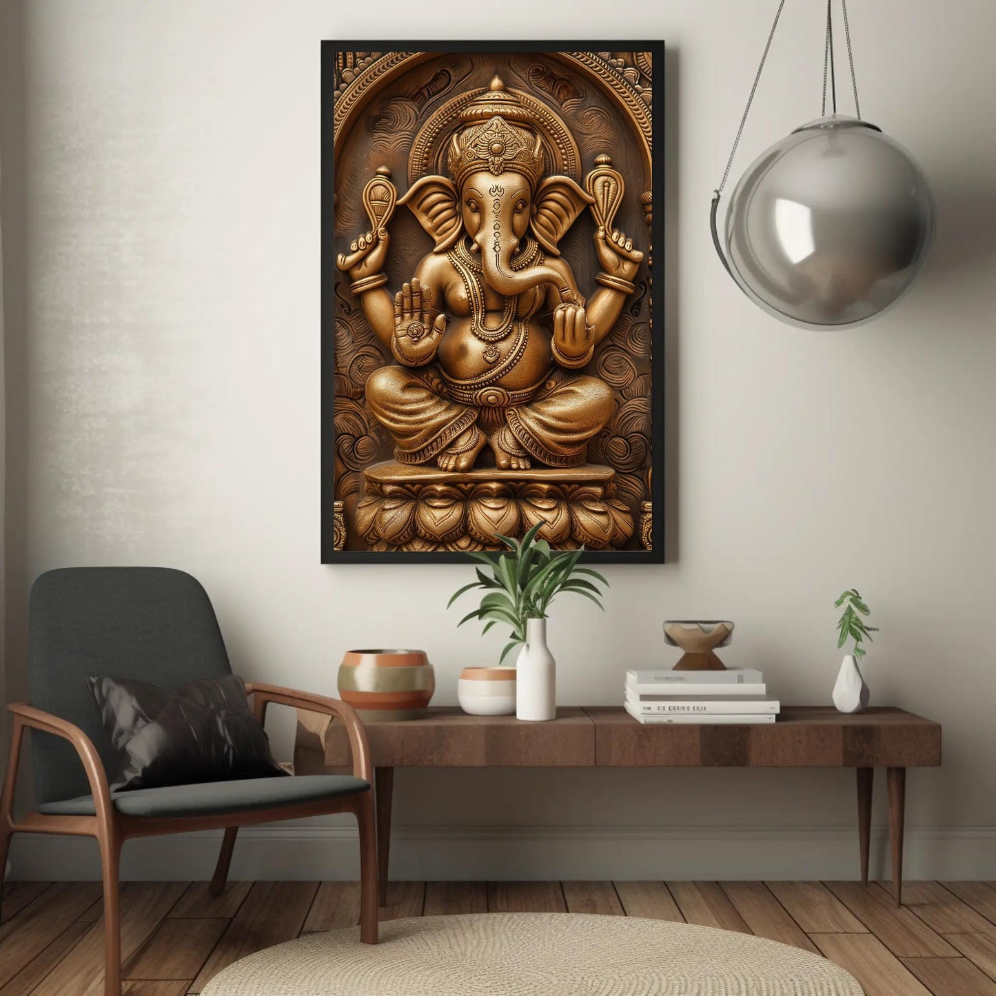 a living room with a chair and a painting on the wall