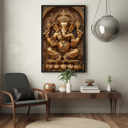 a living room with a chair and a painting on the wall