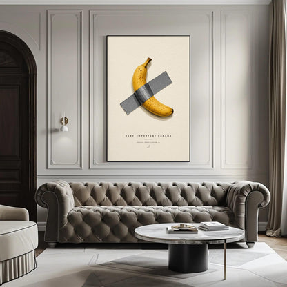 a large framed artwork of a banana taped to a wall, with a tassel wrapped around it. The artwork is displayed in a living room setting with a tufted gray sofa and a round coffee table.