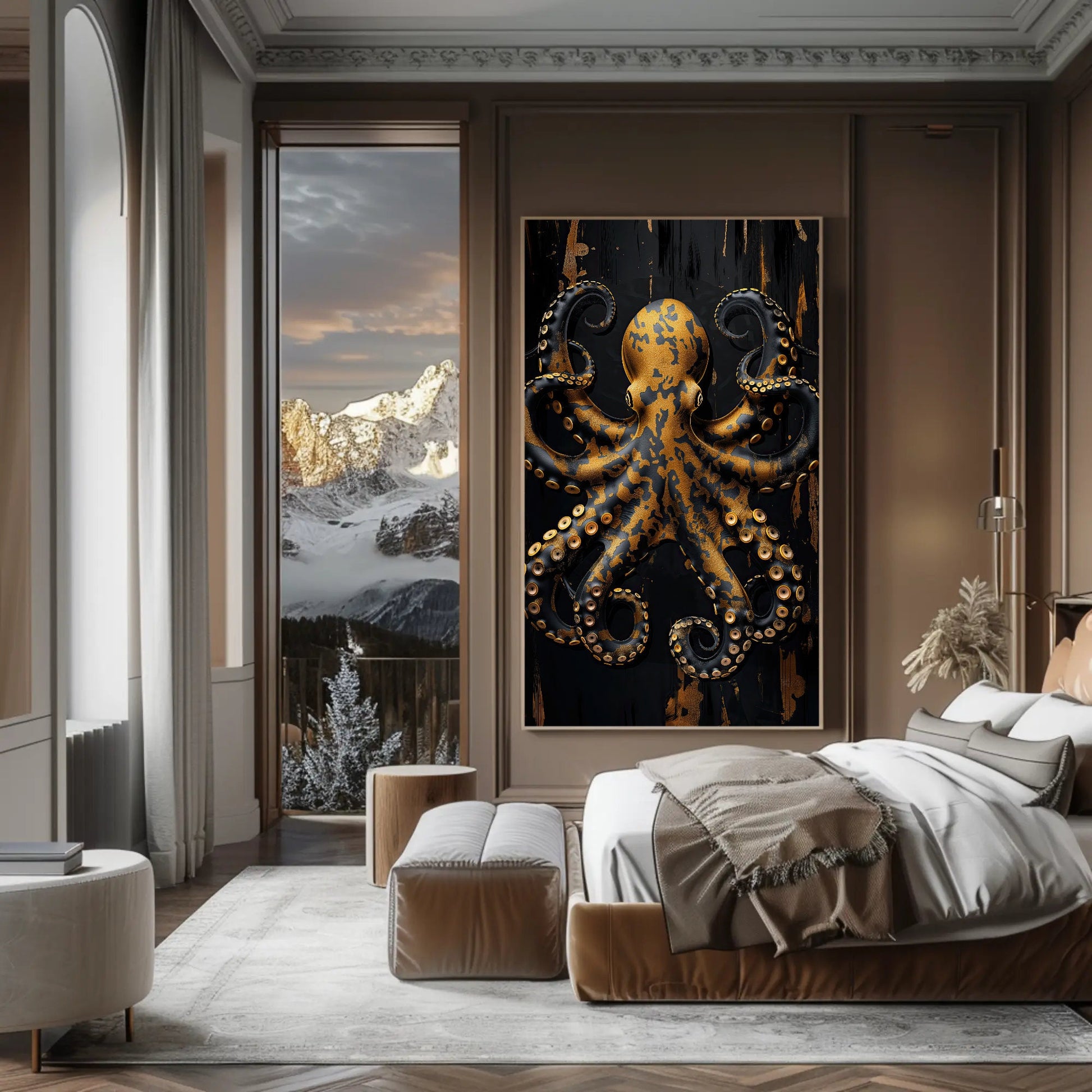 a bedroom with a large painting of an octopus on the wall