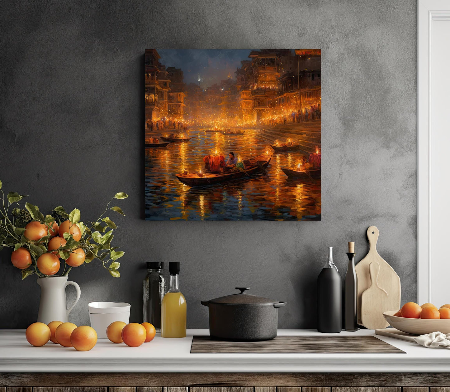 Varanasi Diwali , Ganges Festival Lights canvas wall art in gold tones
