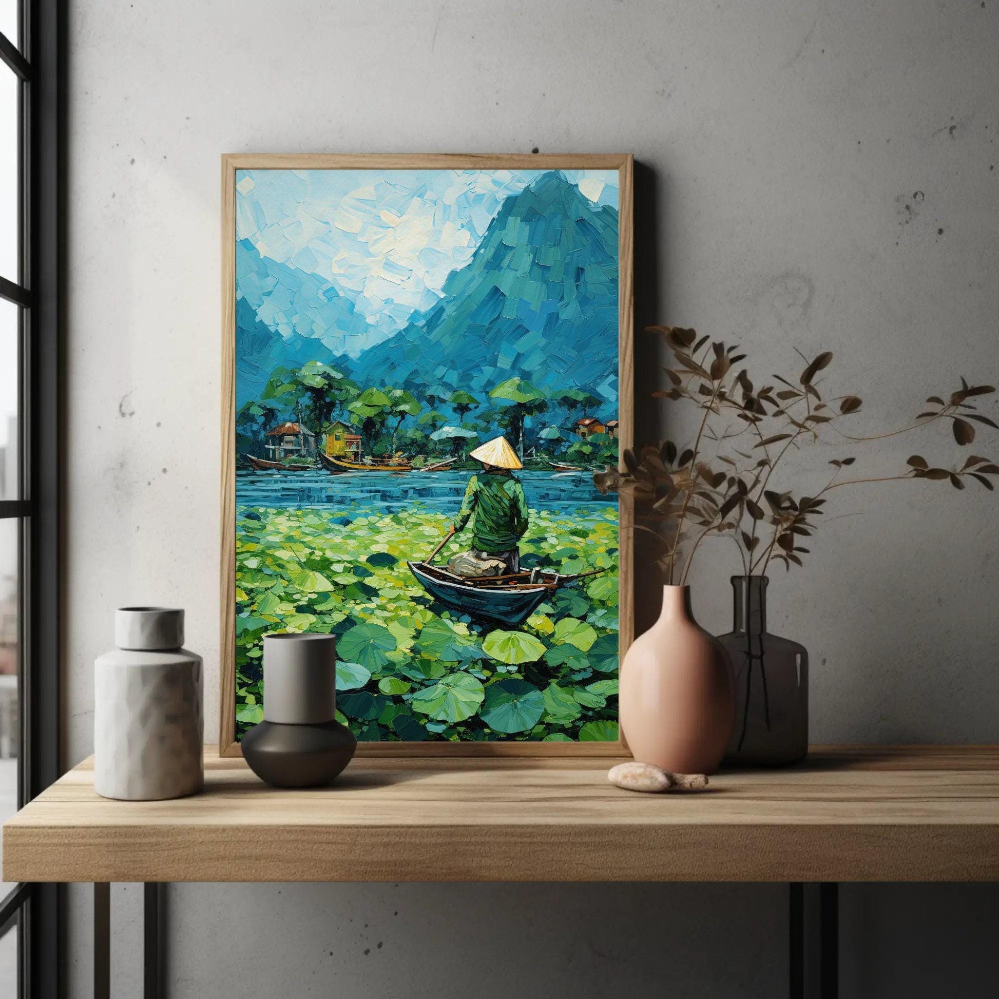 Vietnam River , Halong Bay Vietnamese canvas wall art in green tones