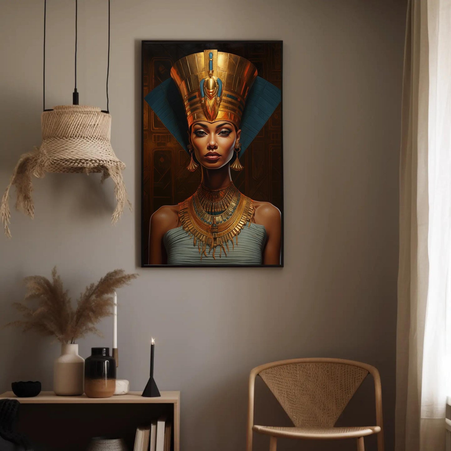 Queen Nefertiti , Egyptian Royal Black canvas wall art shown in a styled room (view 3)