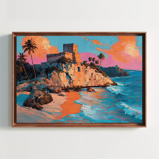 The image is a painting depicting a tropical beach scene with a large cliff overlooking the ocean. The painting features palm trees, a rocky outcropping, and a castle-like structure on the cliff. The colors used in the painting are vibrant, with the sky and ocean displaying shades of blue, orange, and pink. The painting is framed and hung on a wall, showcasing the artist's skill in capturing the beauty of the landscape.