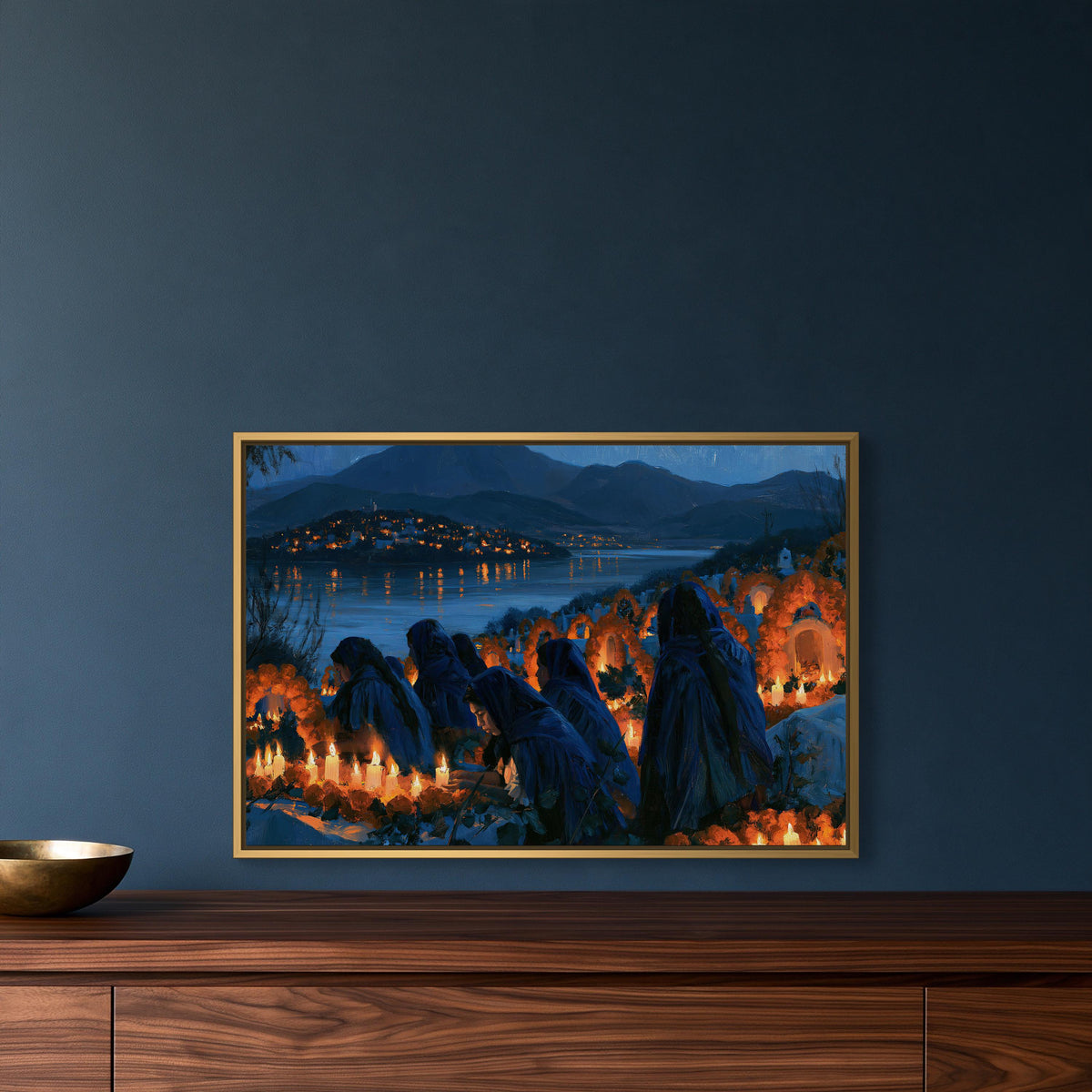 Day of the Dead candlelit vigil canvas wall art, image is a framed painting depicting a nighttime scene with a group of