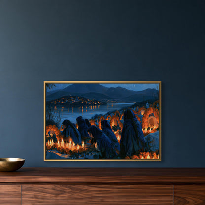 Day of the Dead candlelit vigil canvas wall art, image is a framed painting depicting a nighttime scene with a group of