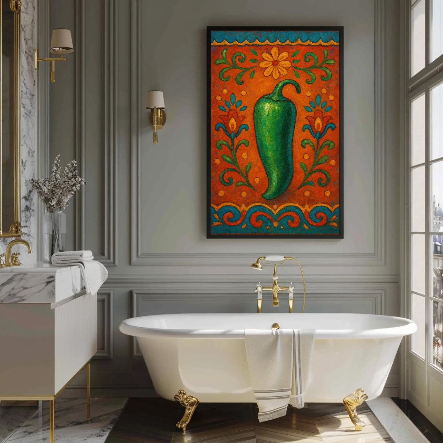 Mexican Folk Art canvas wall art shown in a bathroom
