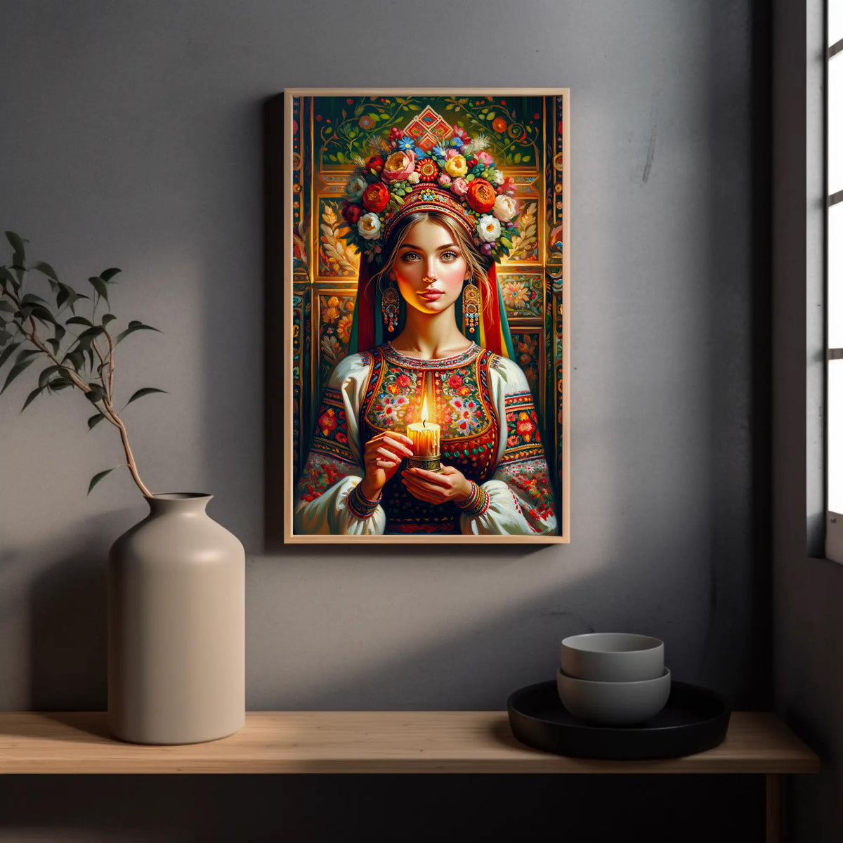 Ukrainian girl with candle canvas wall art, painting of a woman holding a lit candle